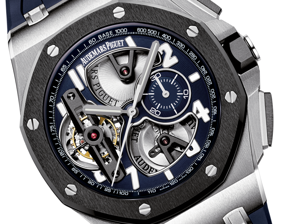 Audemars Piguet Royal Oak Offshore Tourbillon Chronograph Platinum 44 MM - Blue Rubber Strap - Skeleton Blue Dial - 26388PO.OO.D027CA.01