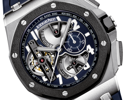 Audemars Piguet Royal Oak Offshore Tourbillon Chronograph Platinum 44 MM - Blue Rubber Strap - Skeleton Blue Dial - 26388PO.OO.D027CA.01