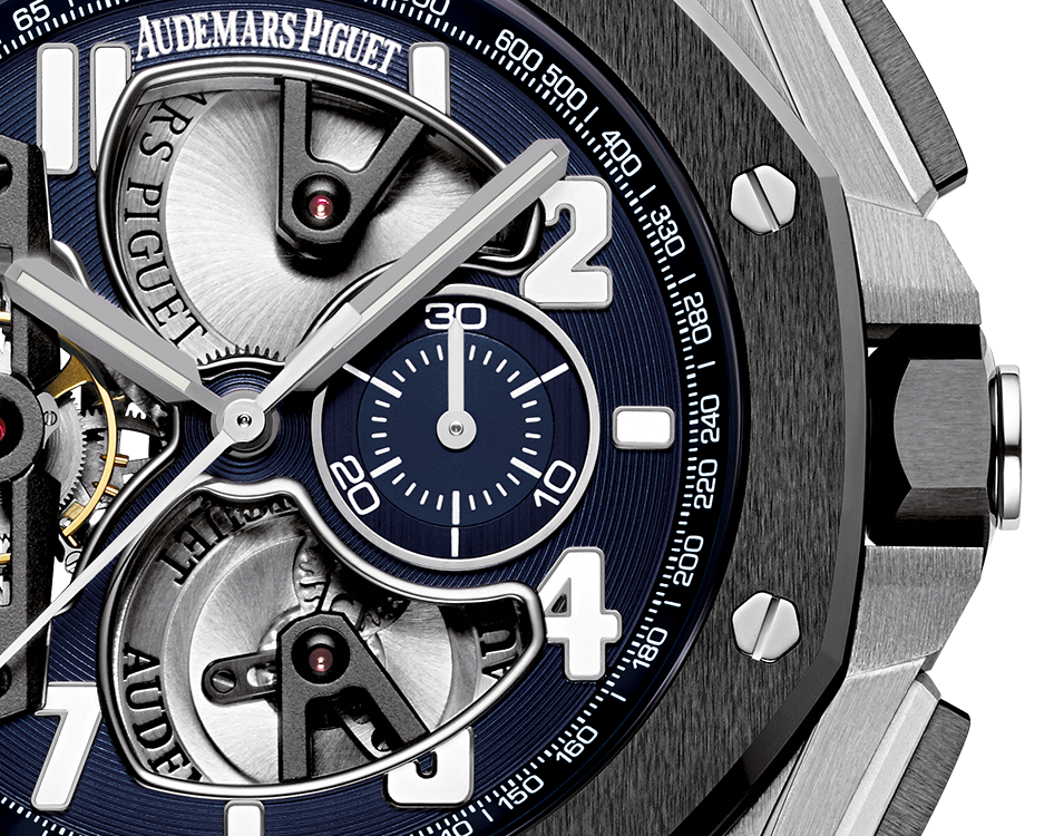 Audemars Piguet Royal Oak Offshore Tourbillon Chronograph Platinum 44 MM - Blue Rubber Strap - Skeleton Blue Dial - 26388PO.OO.D027CA.01