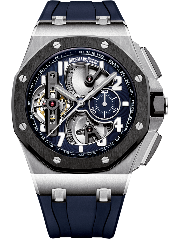 Audemars Piguet Royal Oak Offshore Tourbillon Chronograph Platinum 44 MM - Blue Rubber Strap - Skeleton Blue Dial - 26388PO.OO.D027CA.01