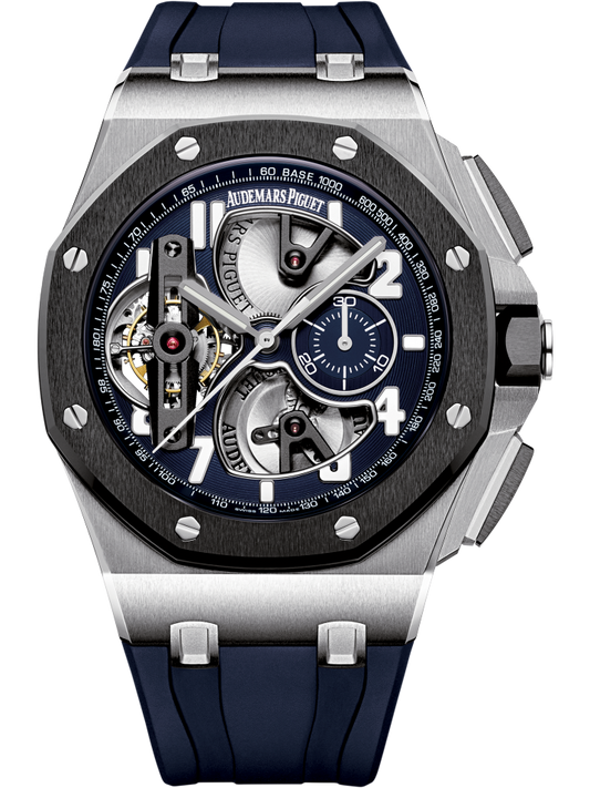 Audemars Piguet Royal Oak Offshore Tourbillon Chronograph Platinum 44 MM - Blue Rubber Strap - Skeleton Blue Dial - 26388PO.OO.D027CA.01