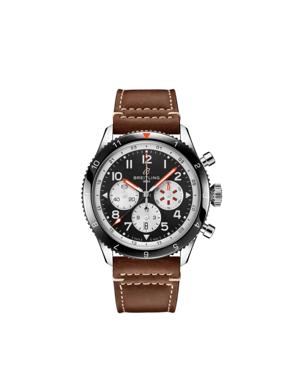 Breitling Classic AVI Stainless Steel 46 MM - Brown Calfskin Strap - Black Dial - YB04451A1B1X1