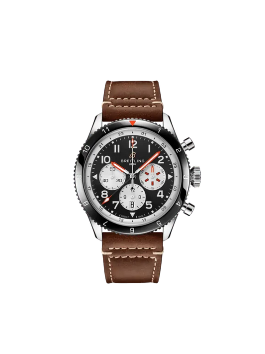 Breitling Classic AVI Stainless Steel 46 MM - Brown Calfskin Strap - Black Dial - YB04451A1B1X1