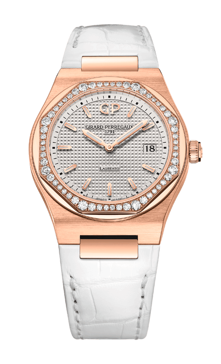 Girard-Perregaux Laureato Pink Gold 34 MM - White Leather Strap - Silver Dial - 80189D52A132-CB6A