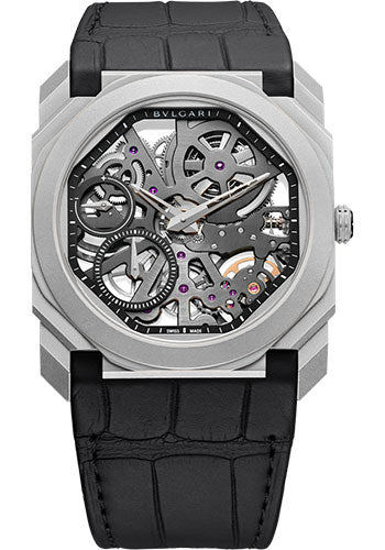 Bvlgari Octo Finissimo - Titanium 40 MM - Black Leather Strap - Grey Skeleton Dial - Titanium Bezel - 102714