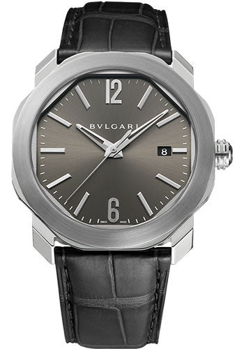 Bvlgari Octo Roma - Stainless Steel 41 MM - Black Leather Strap - Anthracite Dial - Stainless Steel Bezel - 102855