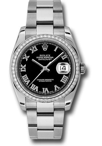 Rolex Stainless Steel And White Gold Datejust - 36 MM - Oyster Bracelet - Diamond Bezel - Black Roman Dial - 116244 bkro