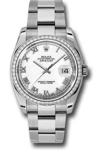 Rolex Stainless Steel And White Gold Datejust - 36 MM - Oyster Bracelet - Diamond Bezel - White Roman Dial - 116244 wro