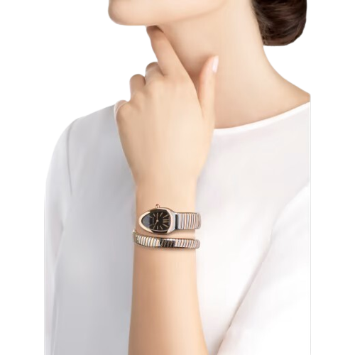 Bvlgari Serpenti Tubogas - 1 Row - Stainless Steel 35 MM - Stainless Steel and Rose Gold Bracelet - Black Dial - 102123