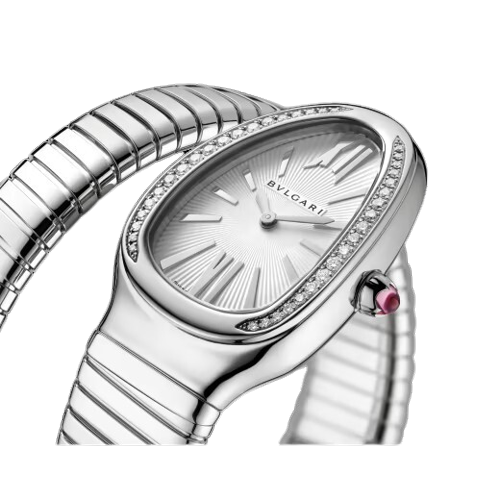 Bvlgari Serpenti Tubogas - 1 Row - Stainless Steel 35 MM - Stainless Steel Bracelet - Diamond Bezel - Silver Opaline Dial - 101827