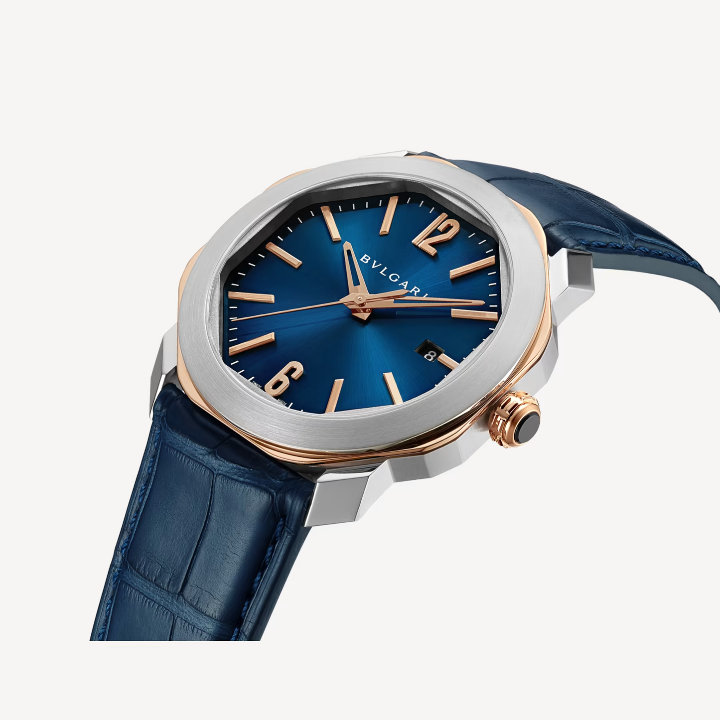 Bvlgari Octo Roma - Stainless Steel And Rose Gold 41 MM - Blue Leather Strap - Blue Dial - Stainless Steel Bezel - 103205