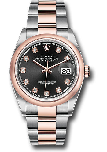 Rolex Stainless Steel And Pink Gold Datejust - 36 MM - Oyster Bracelet - Domed Bezel - Black Diamond Dial - 126201 bkdo