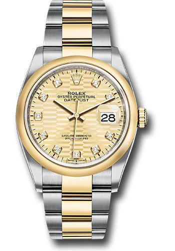 Rolex Stainless Steel And Yellow Gold Datejust - 36 MM - Oyster Bracelet - Domed Bezel - Golden Fluted Motif Diamond Dial - 126203 gflmdo