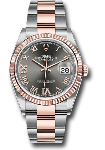 Rolex Stainless Steel And Pink Gold Datejust - 36 MM - Oyster Bracelet - Fluted Bezel - Dark Rhodium Roman Dial - 126231 dkrdr69o