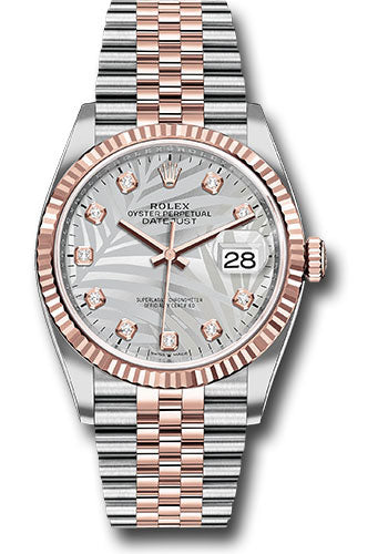 Rolex Stainless Steel And Pink Gold Datejust - 36 MM - Jubilee Bracelet - Fluted Bezel - Silver Palm Motif Diamond Dial - 126231 spmdj