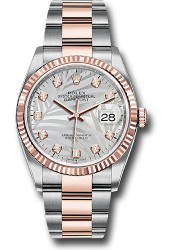 Rolex Stainless Steel And Pink Gold Datejust - 36 MM - Oyster Bracelet - Fluted Bezel - Silver Palm Motif Diamond Dial - 126231 spmdo