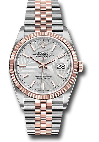 Rolex Stainless Steel And Pink Gold Datejust - 36 MM - Jubilee Bracelet - Fluted Bezel - Silver Palm Motif Index Dial - 126231 spmij