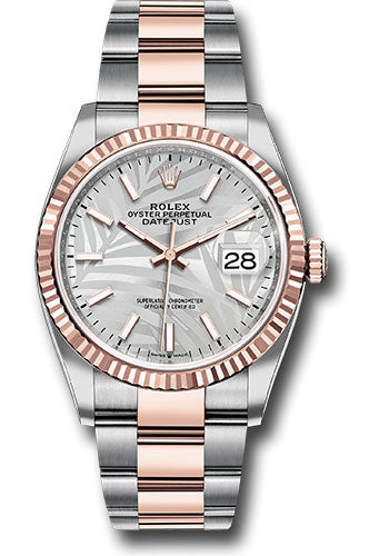 Rolex Stainless Steel And Pink Gold Datejust - 36 MM - Oyster Bracelet - Fluted Bezel - Silver Palm Motif Index Dial - 126231 spmio