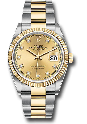 Rolex Stainless Steel And Yellow Gold Datejust - 36 MM - Oyster Bracelet - Fluted Bezel - Champagne Diamond Dial - 126233 chdo