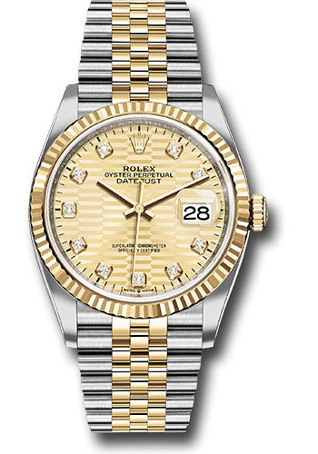 Rolex Stainless Steel And Yellow Gold Datejust - 36 MM - Jubilee Bracelet - Fluted Bezel - Golden Fluted Motif Diamond Dial - 126233 gflmdj