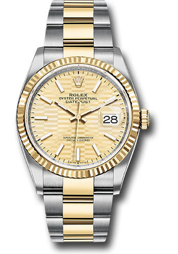 Rolex Stainless Steel And Yellow Gold Datejust - 36 MM - Oyster Bracelet - Fluted Bezel - Golden Fluted Motif Index Dial   - 126233-0040