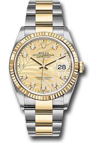 Rolex Stainless Steel And Yellow Gold Datejust - 36 MM - Oyster Bracelet - Fluted Bezel - Golden Palm Motif Diamond Dial   - 126233 gpmdo