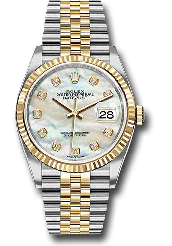 Rolex Stainless Steel And Yellow Gold Datejust - 36 MM - Jubilee Bracelet - Fluted Bezel - White Mother Of Pearl Diamond Dial - 126233 mdj