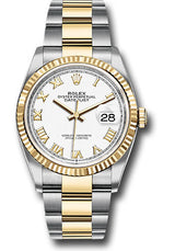 Rolex Stainless Steel And Yellow Gold Datejust - 36 MM - Oyster Bracelet - Fluted Bezel - White Roman Dial - 126233-0030
