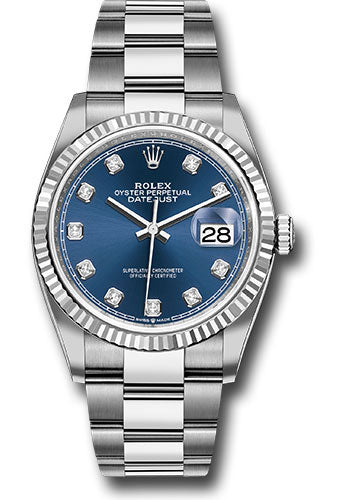 Rolex Stainless Steel And White Gold Datejust - 36 MM - Oyster Bracelet - Fluted Bezel - Blue Diamond Dial - 126234 bldo