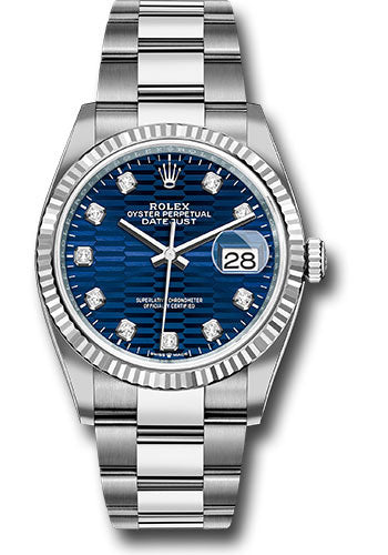 Rolex Stainless Steel And White Gold Datejust - 36 MM - Oyster Bracelet - Fluted Bezel - Blue Fluted Motif Diamond Dial - 126234 blflmdo