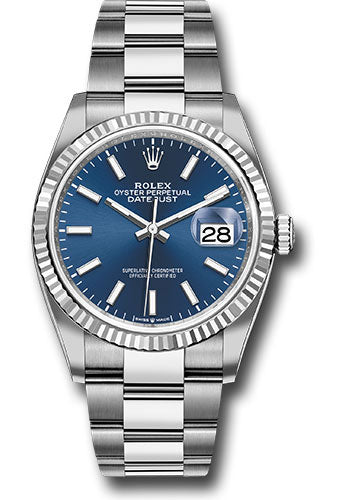 Rolex Stainless Steel And White Gold Datejust - 36 MM - Oyster Bracelet - Fluted Bezel - Blue Index Dial - 126234 blio