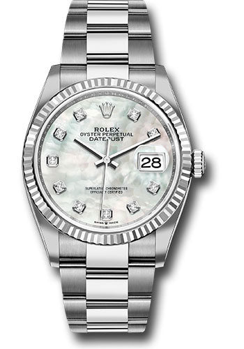 Rolex Stainless Steel And White Gold Datejust - 36 MM - Oyster Bracelet - Fluted Bezel - Mother Of Pearl Diamond Dial - 126234-0020