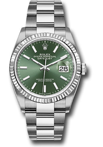 Rolex Stainless Steel And White Gold Datejust - 36 MM - Oyster Bracelet - Fluted Bezel - Mint Green Index Dial - 126234-0052