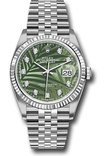 Rolex Stainless Steel And White Gold Datejust - 36 MM - Jubilee Bracelet - Fluted Bezel - Olive Green Palm Motif Diamond Dial - 126234 ogpmdj