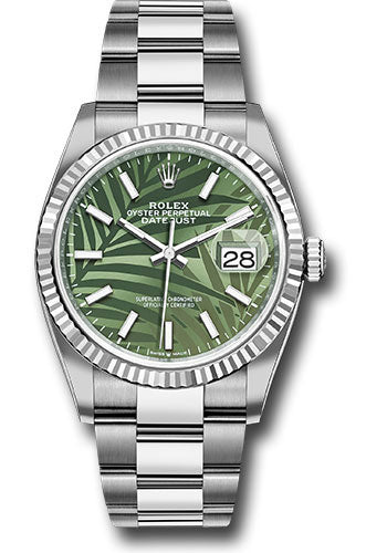 Rolex Stainless Steel And White Gold Datejust - 36 MM - Oyster Bracelet - Fluted Bezel - Olive Green Palm Motif Dial - 126234 ogpmio