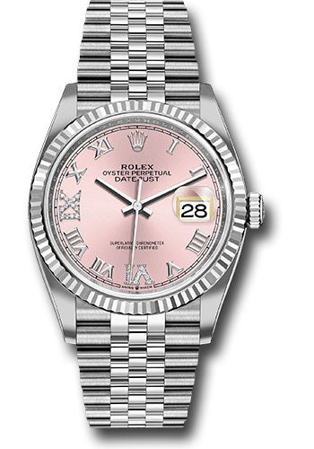 Rolex Stainless Steel And White Gold Datejust - 36 MM - Jubilee Bracelet - Fluted Bezel - Pink Diamond Roman Dial - 126234 pdr69j