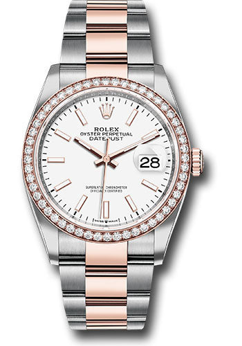 Rolex Stainless Steel And Pink Gold Datejust - 36 MM - Oyster Bracelet - Diamond Bezel - White Index Dial - 126281RBR wio