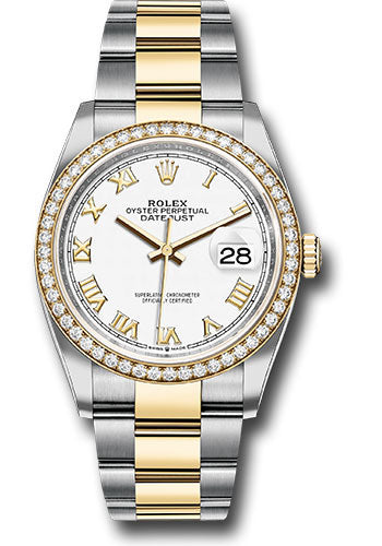 Rolex Stainless Steel And Yellow Gold Datejust - 36 MM - Oyster Bracelet - Diamond Bezel - White Roman Dial - 126283RBR wro