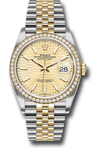 Rolex Stainless Steel And Yellow Gold Datejust - 36 MM - Jubilee Bracelet - Diamond Bezel - Golden Fluted Motif Index Dial - 126283rbr gflmij