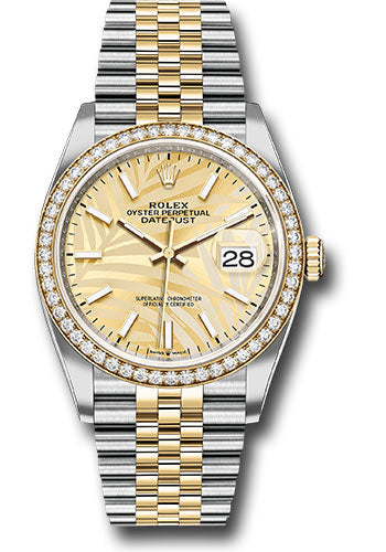 Rolex Stainless Steel And Yellow Gold Datejust - 36 MM - Jubilee Bracelet - Diamond Bezel - Golden Palm Motif Index Dial - 126283rbr gpmij