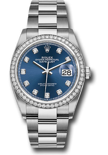 Rolex Stainless Steel And White Gold Datejust - 36 MM - Oyster Bracelet - Diamond Bezel - Blue Diamond Dial - 126284RBR bldo