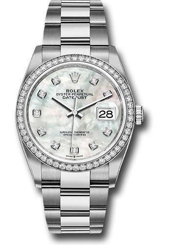 Rolex Stainless Steel And White Gold Datejust - 36 MM - Oyster Bracelet - Diamond Bezel - Mother of Pearl Diamond  Dial - 126284RBR-0012