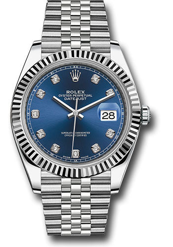 Rolex Stainless Steel and White Gold Datejust 41 Date Watch - 41 MM - Jubilee Bracelet - Fluted Bezel - Blue Diamond Dial - 126334-0016