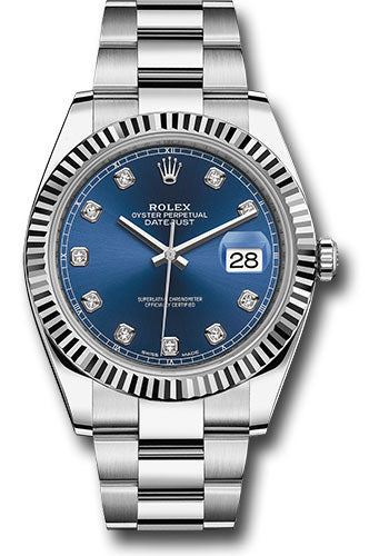 Rolex Stainless Steel and White Gold Datejust 41 Date Watch - 41 MM - Oyster Bracelet - Fluted Bezel - Blue Diamond Dial - 126334 bldo