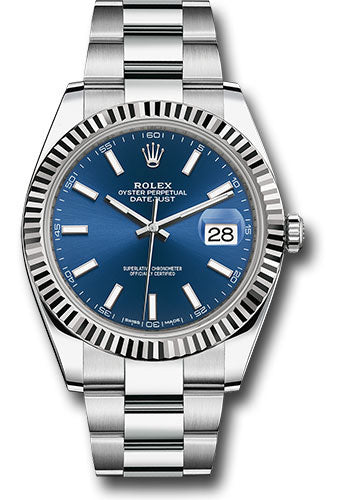 Rolex Stainless Steel and White Gold Datejust 41 Date Watch - 41 MM - Oyster Bracelet - Fluted Bezel - Blue Dial - 126334-0001