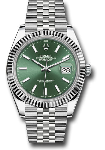 Rolex Stainless Steel and White Gold Datejust 41 Date Watch - 41 MM - Jubilee Bracelet - Fluted Bezel - Green Dial - 126334-0028