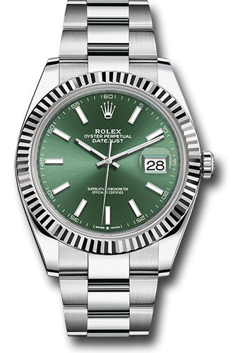 Rolex Stainless Steel and White Gold Datejust 41 Date Watch - 41 MM - Oyster Bracelet - Fluted Bezel - Green Dial - 126334-0027