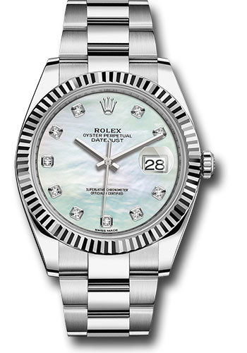 Rolex Stainless Steel and White Gold Datejust 41 Date Watch - 41 MM - Oyster Bracelet - Fluted Bezel - White Mother Of Pearl Diamond Dial - 126334 wmdo