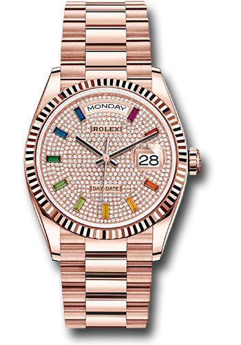 Rolex Presidential Everose Gold Day-Date 36MM - President Bracelet Watch - Diamond-Paved Rainbow Sapphire Dial - 128235 dprsp