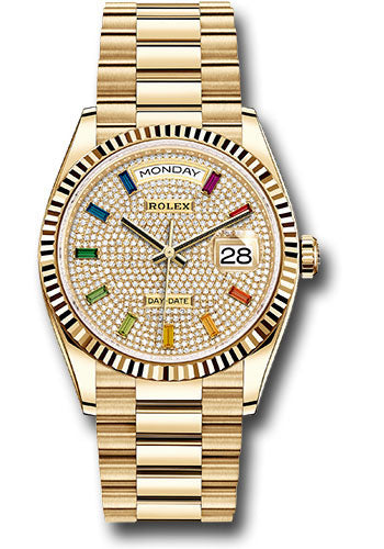 Rolex Presidential Yellow Gold Day-Date 36MM - President Bracelet Watch - Diamond-Paved Rainbow Sapphire Dial - 128238 dprsp